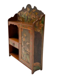 Aesthetic Movement Wall Cabinet, Hand-Painted Floral, Walnut, 1890s